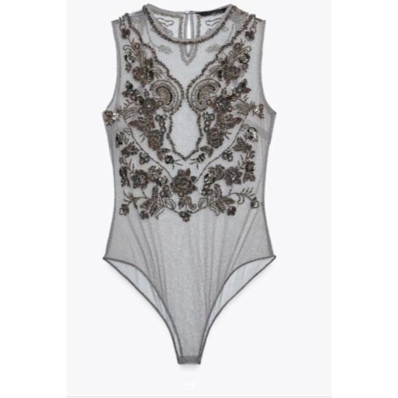 Zara Women Bodysuit Small S Gray Beaded Floral Embellished sheer 7521/200 NWOT - Picture 1 of 12